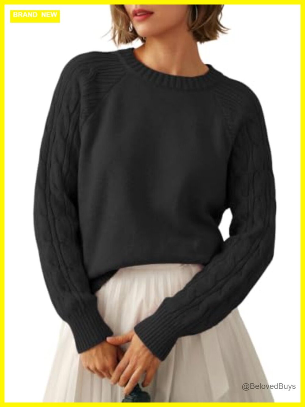 Womens Cable Knit Sweater Crew Neck Long Sleeve Pullover Winter Warm Top